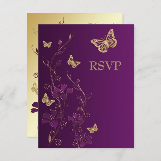 Paarse, goudbloem met Butterflies Reply Card RSVP Kaartje (Voorkant / Achterkant)
