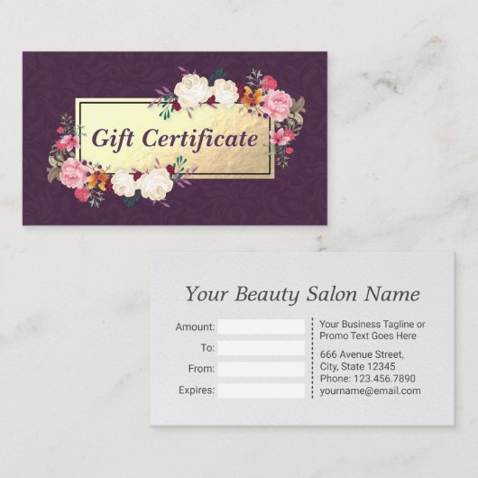 Paarse goudbloem Salon Boutique Gift Certificate Kortingskaartje (Voorkant / Achterkant)