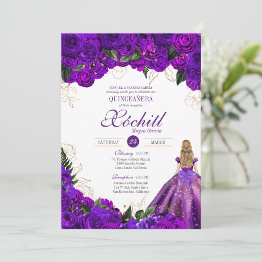 Paarse goudbloemen Rozen Elegant Quinceanera Kaart (Staand voorkant)