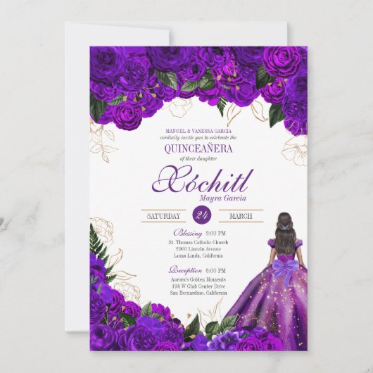 Paarse goudbloemen Rozen Elegant Quinceanera Kaart (Voorkant)