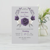 Paarse goudbloemen, zilvergrijs bruiloft kaart (Staand voorkant)