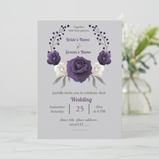 Paarse goudbloemen, zilvergrijs bruiloft kaart (Staand voorkant)