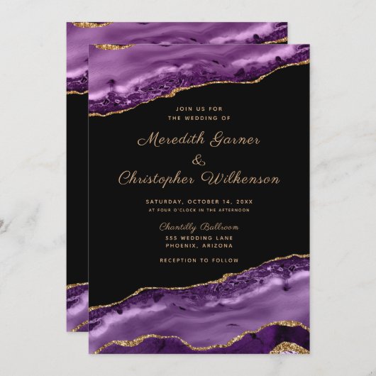 Paarse goudbruine marmer Agate Wedding Kaart (Voorkant / Achterkant)