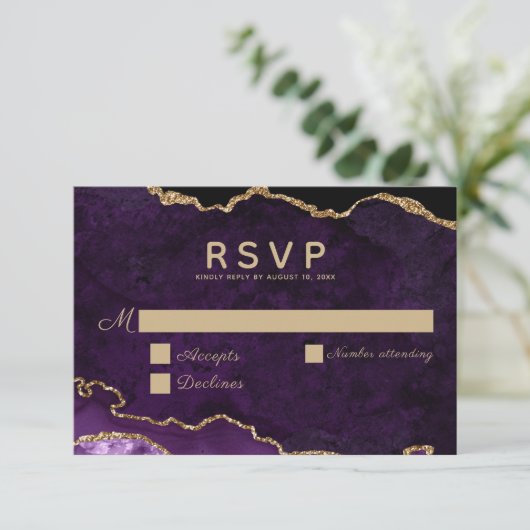 Paarse goudbruistoeperij RSVP kaartje (Staand voorkant)
