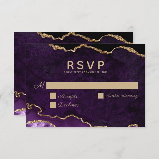 Paarse goudbruistoeperij RSVP kaartje (Voorkant / Achterkant)