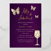 Paarse goudchampagne 50 en feestdag folie uitnodiging (Voorkant)