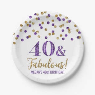 Paarse goudConfetti 40 en Fabulous Birthday Papieren Bordje