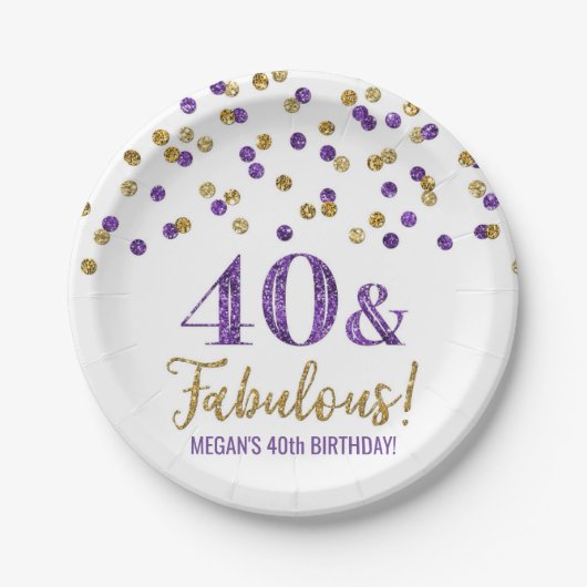Paarse goudConfetti 40 en Fabulous Birthday Papieren Bordje (Voorkant)