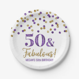 Paarse goudConfetti 50 en Fabulous Birthday Papieren Bordje