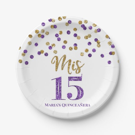 Paarse goudConfetti Mis 15 Quinceanera Papieren Bordje (Voorkant)
