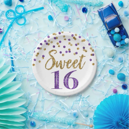 Paarse goudConfetti Sweet 16 Birthday Party Papieren Bordje (Feest)