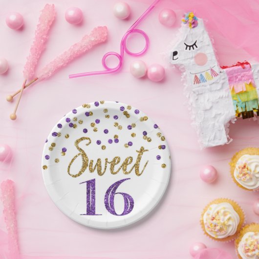 Paarse goudConfetti Sweet 16 Birthday Party Papieren Bordje (Feest)