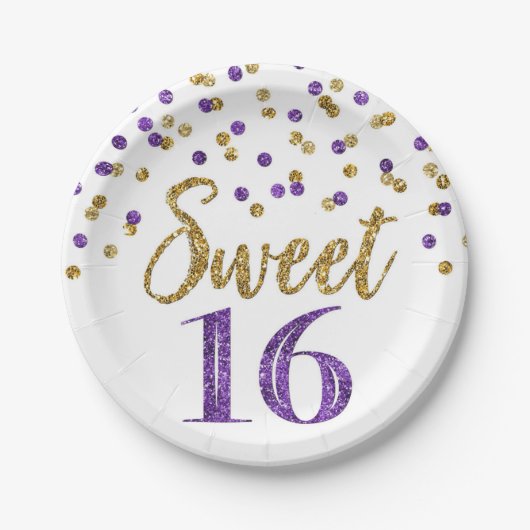 Paarse goudConfetti Sweet 16 Birthday Party Papieren Bordje (Voorkant)