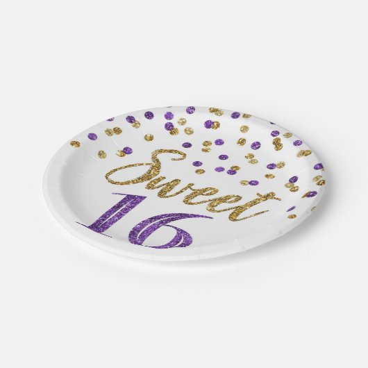 Paarse goudConfetti Sweet 16 Birthday Party Papieren Bordje (Gekanteld)