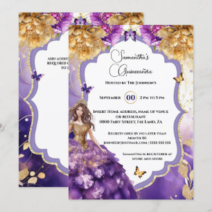 Paarse gouden 15e Quinceañera pioen vlinderfeest Kaart