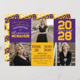 Paarse & gouden 3 foto Afstuderen uitnodiging