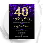 Paarse gouden 40e verjaardag kaart<br><div class="desc">Uitnodiging voor het 40e verjaardagsfeest. Elegant paarse ontwerp met faux glitter goud. Beschikt over stijlvolle diamanten, bokeh-lampen en scriptlettertype. Mannen of vrouwen bday uitnodigen. Perfect voor een stijlvol verjaardagsfeestje voor volwassenen. Personaliseer met je eigen gegevens. Stuur me een bericht als je verder moet worden aangepast. Gedrukte Zazzle-uitnodigingen of direct download...</div>