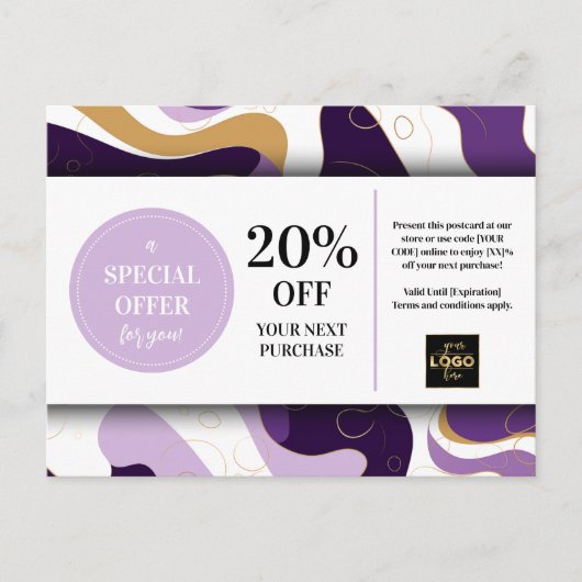 Paarse gouden aangepaste coupon korting Briefkaart (Voorkant)