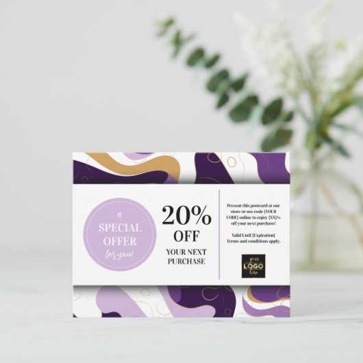 Paarse gouden aangepaste coupon korting Briefkaart (Staand voorkant)