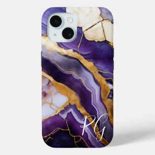Paarse Gouden Abstract Marmeren Monogram iPhone 15 Case