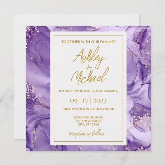Paarse gouden Abstracte marmer Weddenschap Kaart (Voorkant / Achterkant)