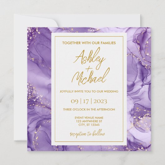 Paarse gouden Abstracte marmer Weddenschap Kaart (Voorkant)