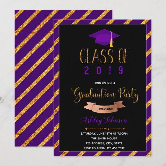 Paarse gouden afstudeerfeest kaart (Voorkant / Achterkant)