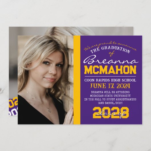 Paarse & gouden Afstuderen 2 foto aankondiging (Voorkant / Achterkant)