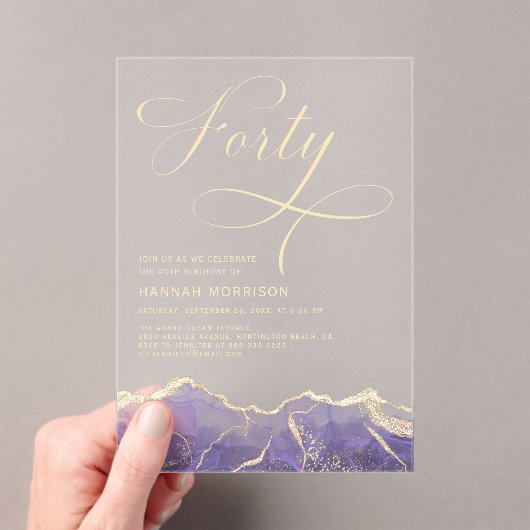 Paarse Gouden Agaat 40e Veertigjarig Verjaardagsfe Acryl Uitnodigingen (Insitu (Draagbaar))