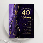 Paarse gouden agaat 40e verjaardag kaart<br><div class="desc">Paarse en gouden agaat 40ste verjaardagsfeestuitnodiging. Elegant modern ontwerp met waterverf agaat marmeren geode achtergrond,  faux glitter goud en typografie script lettertype. Trendy uitnodigingskaart perfect voor een stijlvol vrouwenfeest. Gedrukte Zazzle-uitnodigingen of direct download digitale afdrukbare sjabloon.</div>