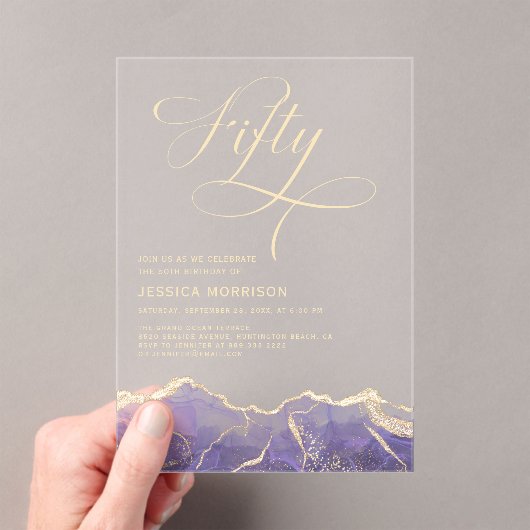 Paarse Gouden Agaat 50e Vijftigjarig Verjaardagsfe Acryl Uitnodigingen (Insitu (Draagbaar))