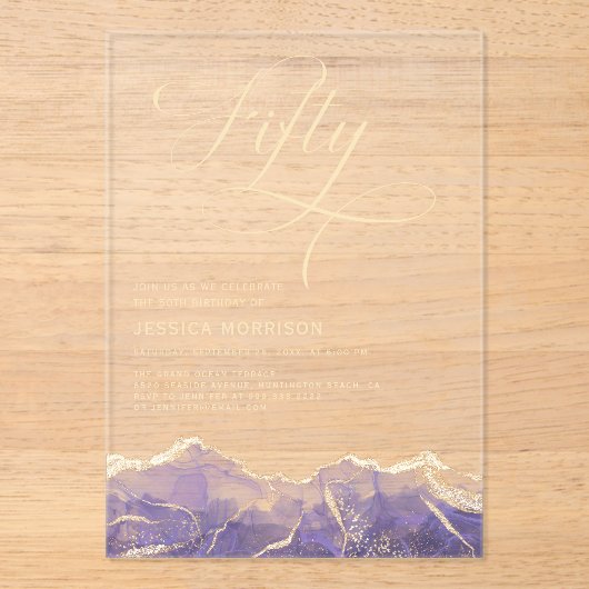 Paarse Gouden Agaat 50e Vijftigjarig Verjaardagsfe Acryl Uitnodigingen (Voorkant)
