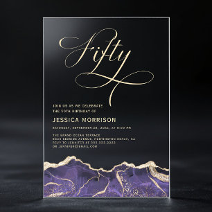 Paarse Gouden Agaat 50e Vijftigjarig Verjaardagsfe Acryl Uitnodigingen