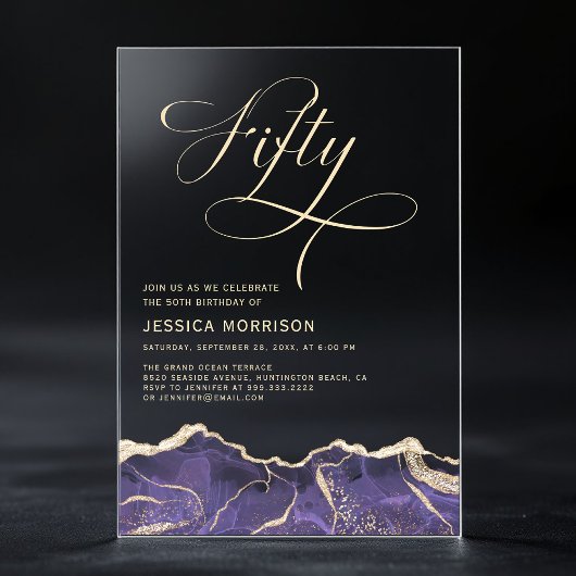 Paarse Gouden Agaat 50e Vijftigjarig Verjaardagsfe Acryl Uitnodigingen