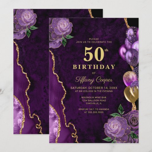 Paarse gouden agaat 50ste verjaardag kaart (Voorkant / Achterkant)