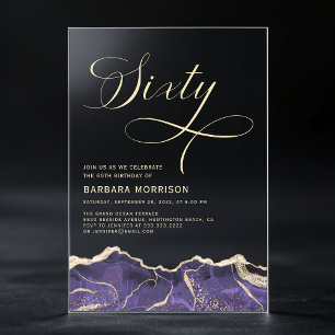 Paarse Gouden Agaat 60e Zestig Verjaardagsfeest Acryl Uitnodigingen
