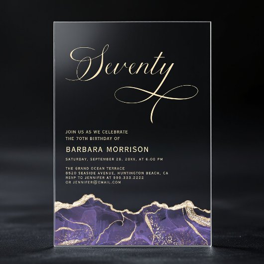 Paarse Gouden Agaat 70e Zeventig Verjaardagsfeest Acryl Uitnodigingen