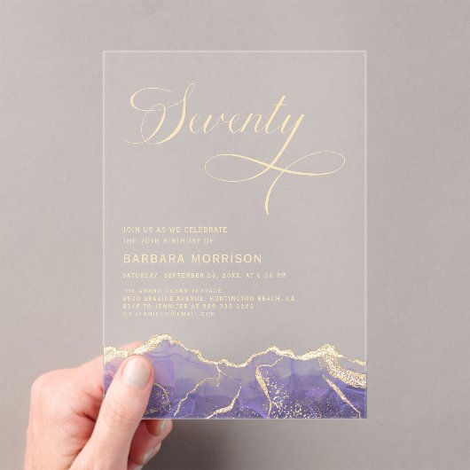 Paarse Gouden Agaat 70e Zeventig Verjaardagsfeest Acryl Uitnodigingen (Insitu (Draagbaar))