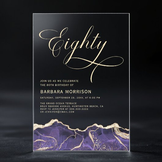 Paarse gouden agaat 80e tachtig verjaardagsfeest acryl uitnodigingen