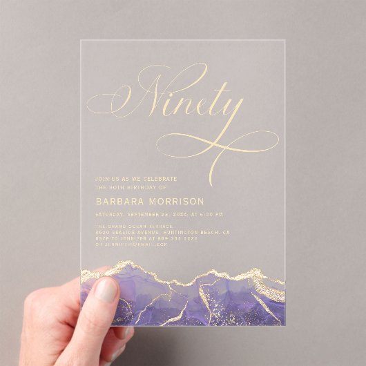 Paarse Gouden Agaat 90e Negentigste Verjaardagsfee Acryl Uitnodigingen (Insitu (Draagbaar))