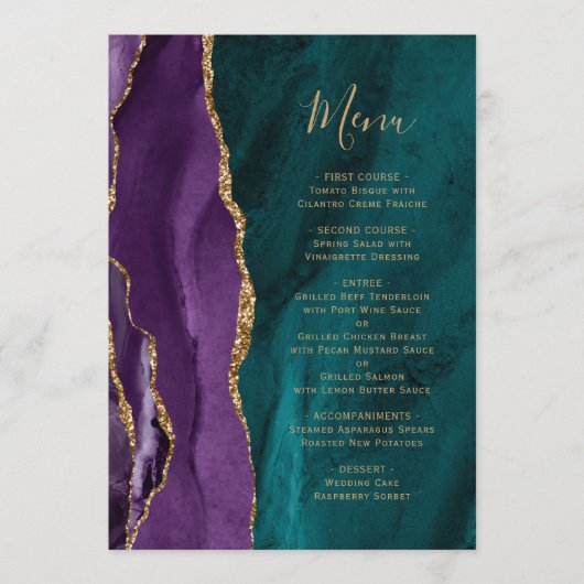 Paarse gouden agaat Blauwgroen bruiloft Menu (Voorkant)