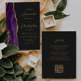 Paarse Gouden Agaat Donkere QR Code Trouwdag Kaart