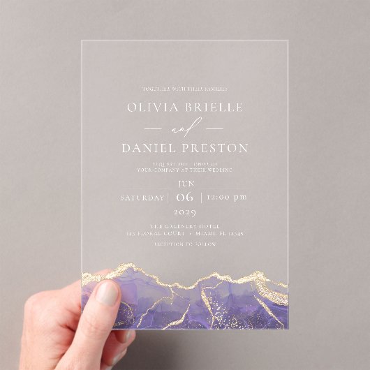 Paarse gouden agaat Elegante moderne bruiloft Acryl Uitnodigingen (Insitu (Draagbaar))