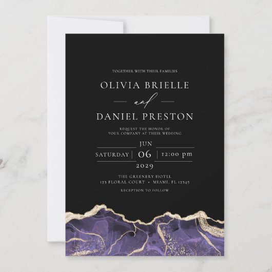 Paarse gouden agaat Elegante moderne bruiloft Kaart (Voorkant)