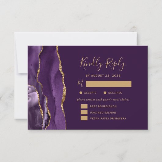 Paarse Gouden Agaat Maaltijden Opties Plum Bruilof RSVP Kaartje (Voorkant)