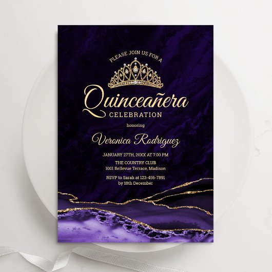 Paarse Gouden Agaat Marmer Quinceanera Kaart