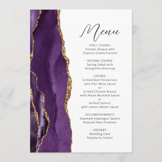 Paarse gouden agaat modern script bruiloft menu (Voorkant)