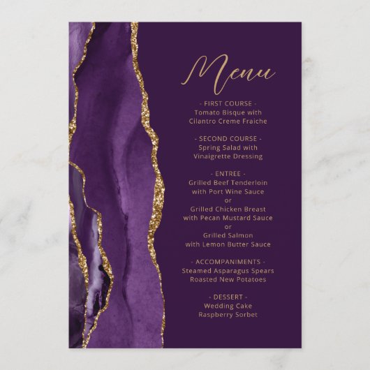 Paarse gouden agaat Modern Script Plum Wedding Menu (Voorkant)