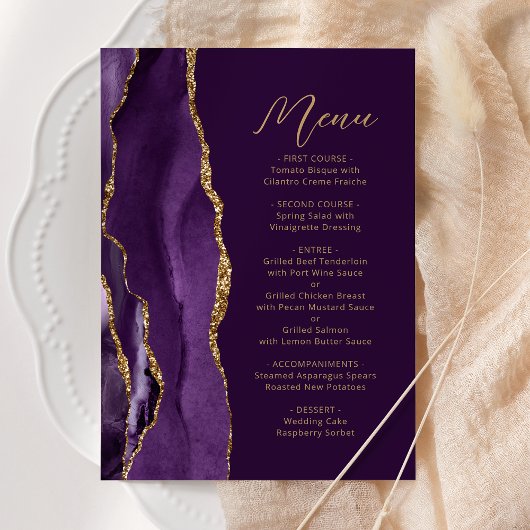 Paarse gouden agaat Modern Script Plum Wedding Menu