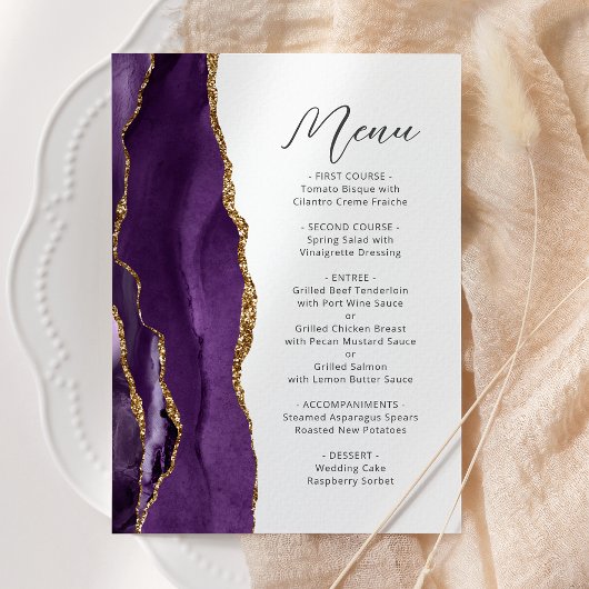 Paarse Gouden Agaat Moderne Script Bruiloft Menu